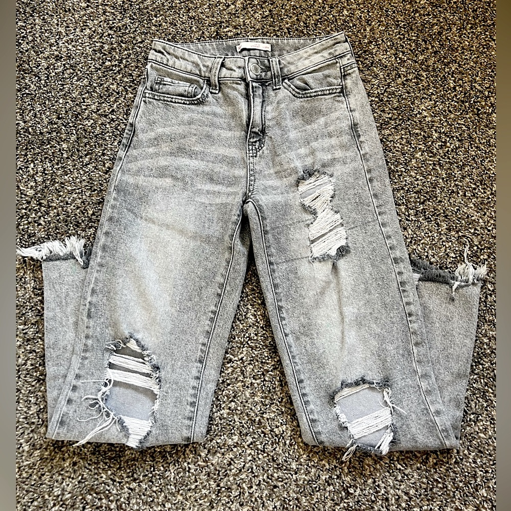 Grey distressed High-rise straight leg Jeans